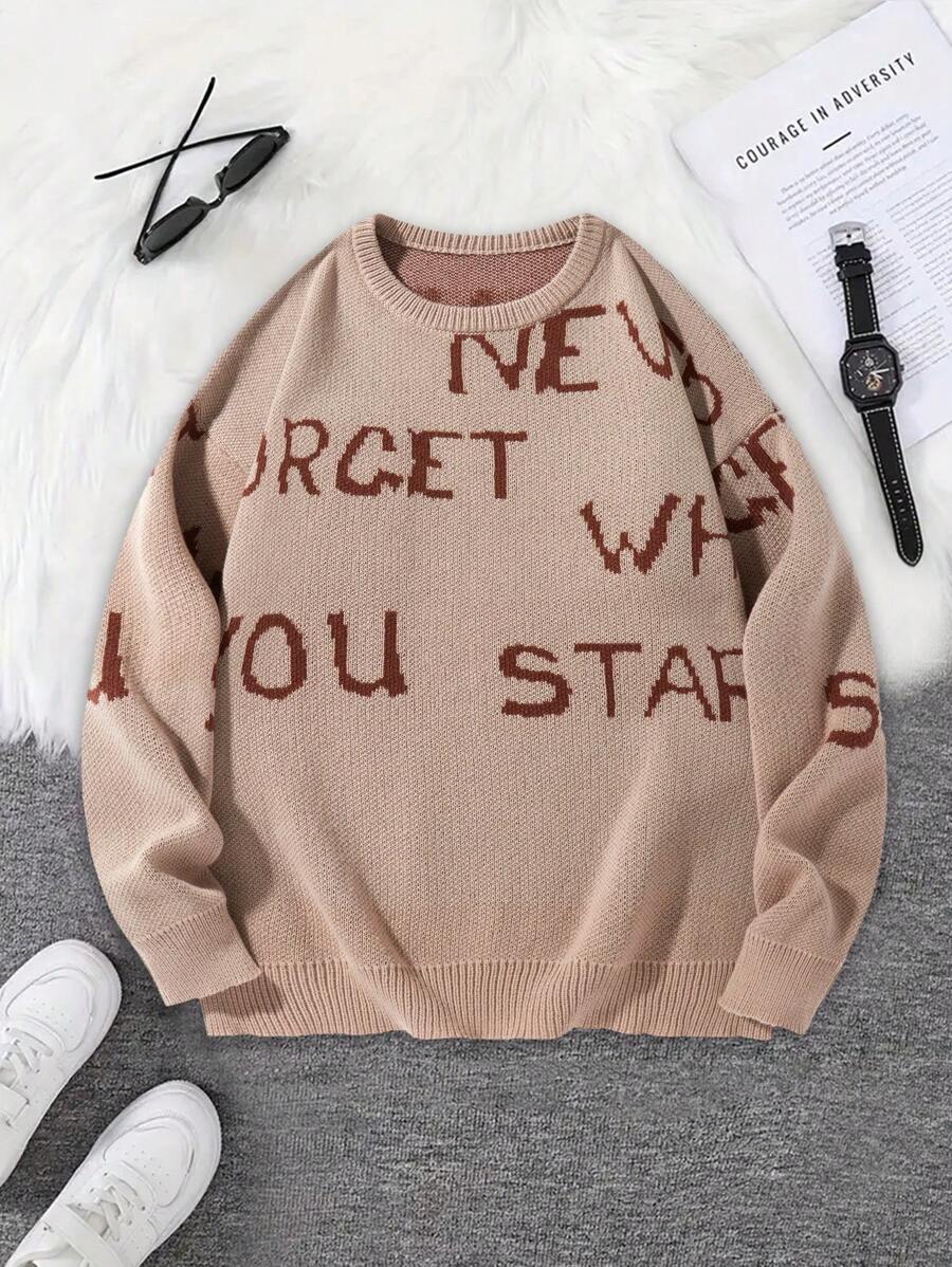 Manfinity Hypemode Men's Letter Print Crew Neck Casual Versatile Long Sleeve Pullover Sweater - Khaki - View 1