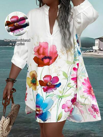 EMERY ROSE Plus Size Summer Casual Floral Print Notched Neck Split Hem Curved Hem Dress Fall Cloth For Women