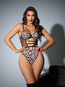 Women Waist Splice Mesh Hollow Out Sling Leopard Print Sexy Jumpsuit - Multicolor - View 3
