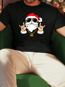Manfinity Homme Men's Casual Santa Claus Printed Round Neck Short Sleeve T-Shirt, For Christmas - Black - View 1