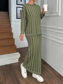 RueChic Rib Pattern Sweater And Skirt Knit Set - Army Green - View 4