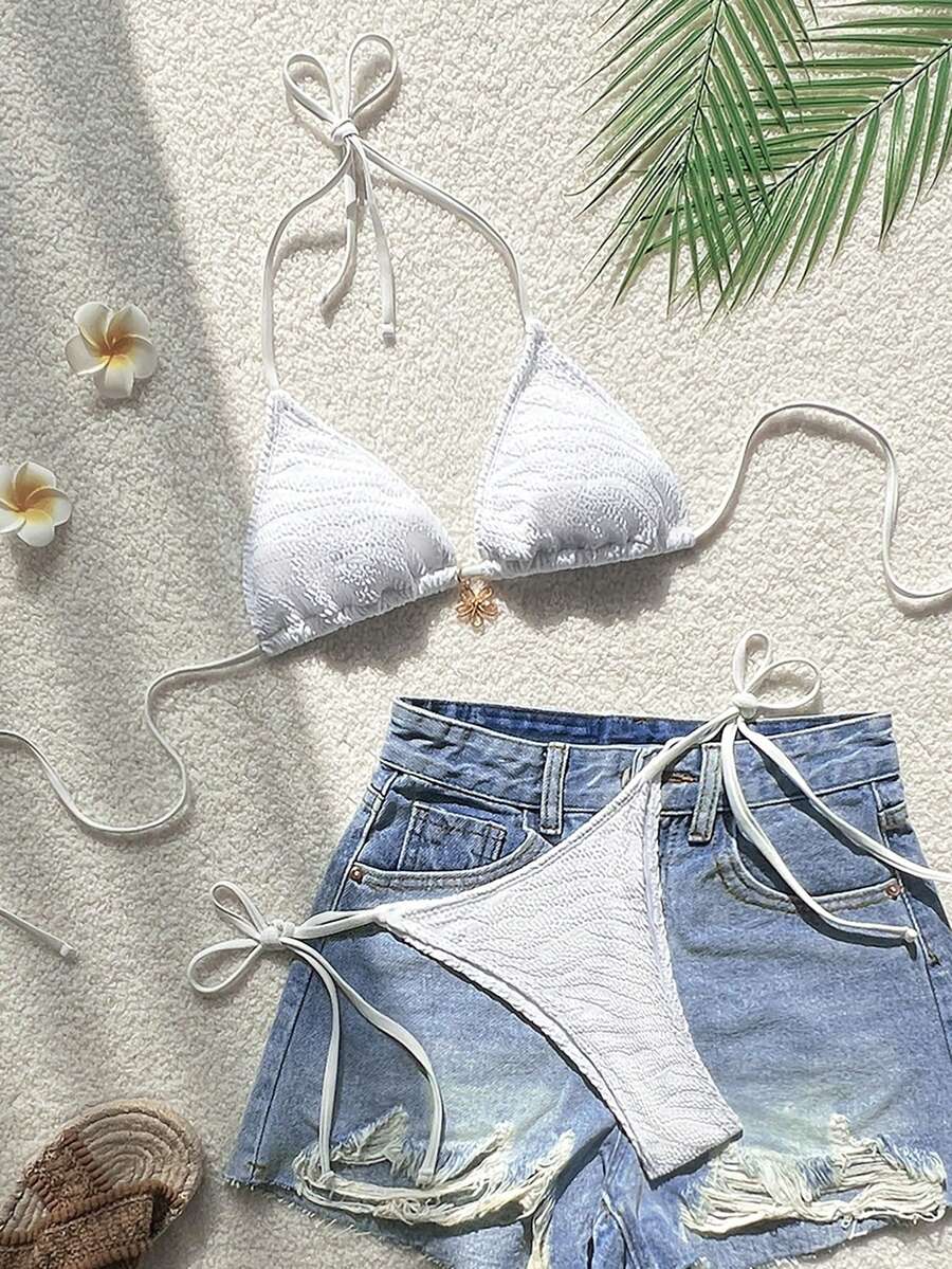 Bikini 2 mảnh gợi cảm cổ yếm và quần buộc dây bên hông phong cách mới cho nữ - trắng - Xem 1