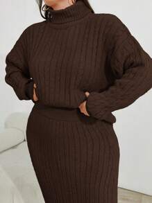 EURMUSE Plus Size Cable Knit Turtleneck Sweater And Skirt Two Pieces Set, For Winter - Chocolate Brown - View 6