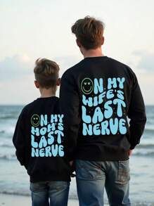 1pc Men's Fashion Casual Smiling Face Slogan Letter Print Crew Neck Fleece Sweatshirt, Autumn/Winter - Black - View 3