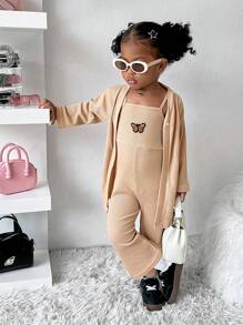 SHEIN Bộ 2 món/Bộ đồ liền thân thêu hình bướm dễ thương, thời trang, thường ngày, đa năng cho bé gái, vải mềm mại, thoải mái, thích hợp cho mùa xuân, mùa thu, các hoạt động trong nhà - Màu Khaki - Xem 6