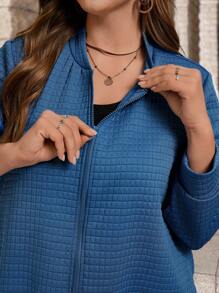 SHEIN LUNE Plus Size Women Warm Blue Plaid Pattern Casual Work Zip-Up Jacket, Autumn/Winter