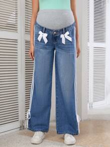 SHEIN Umstandsmode Jeans mit Farbblock Design, Schleifen-Dekor und geradem Bein