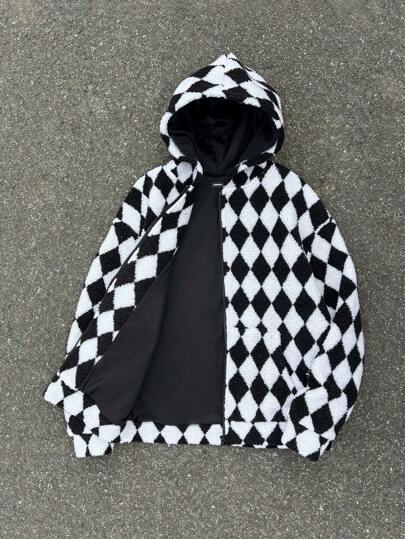 Manfinity VCAY Unisex Sherpa Jacquard Plaid Loose Drop Shoulder Hooded Jacket, For Fall Winter