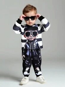SHEIN 2pcs/Set Baby Boys' Graphic Print Casual Minimalist Long Sleeve Pullover Sweatshirt And Sports Pants, Suitable For Spring, Autumn & Winter - Black and White - View 3