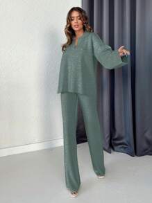 SHEIN Cottnline 2pcs Women Set, Solid Color V-Neck Long Sleeve Simple Blouse And Pants - Mint Green - View 3