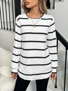Elyressa 女士休闲抓绒条纹下摆拼接圆领长袖卫衣，长袖上衣，毕业季、教师节、返校季套头衫 - 黑與白 - 查看 3