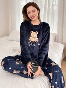 Women 2pcs Plush Bear Embroidery Allover Print Long Fluffy Pajama Set, Autumn/Winter, Fall Winter Clothes