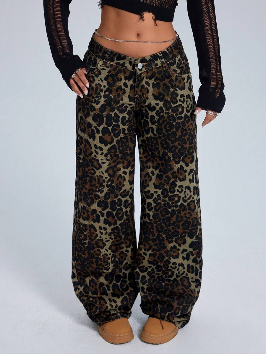 SHEIN ICON Women's Button Front Pocket Leopard Print Pants, Casual For Everyday Wear Low Rise Straight Leg Jeans - Brown - View 1