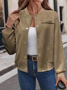 SHEIN LUNE 女式仿麂皮棒球夹克，秋冬季休闲长袖 - 卡其色 - 查看 3