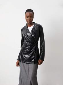 TRNVIE 1 件女式黑色领扣收腰长袖 PU 夹克，极简主义设计，适合秋冬季 - 黑色 - 查看 4