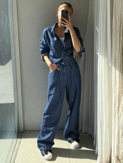 DAZY 2 件套女士宽松纯色系带上衣和牛仔裤，秋季服装