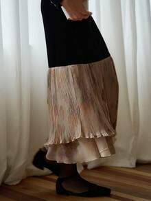 Simple Retro Đầm dài nhung in họa tiết cổ vuông cho nữ - màu đen - Xem 3