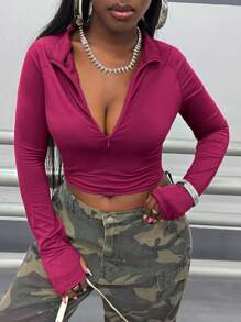 INAWLY Plus Size Solid Color Front Zipper Long Sleeve Simple T-Shirt, Casual Daily Wear Fall Cloth For Women - Hot Pink - View 4