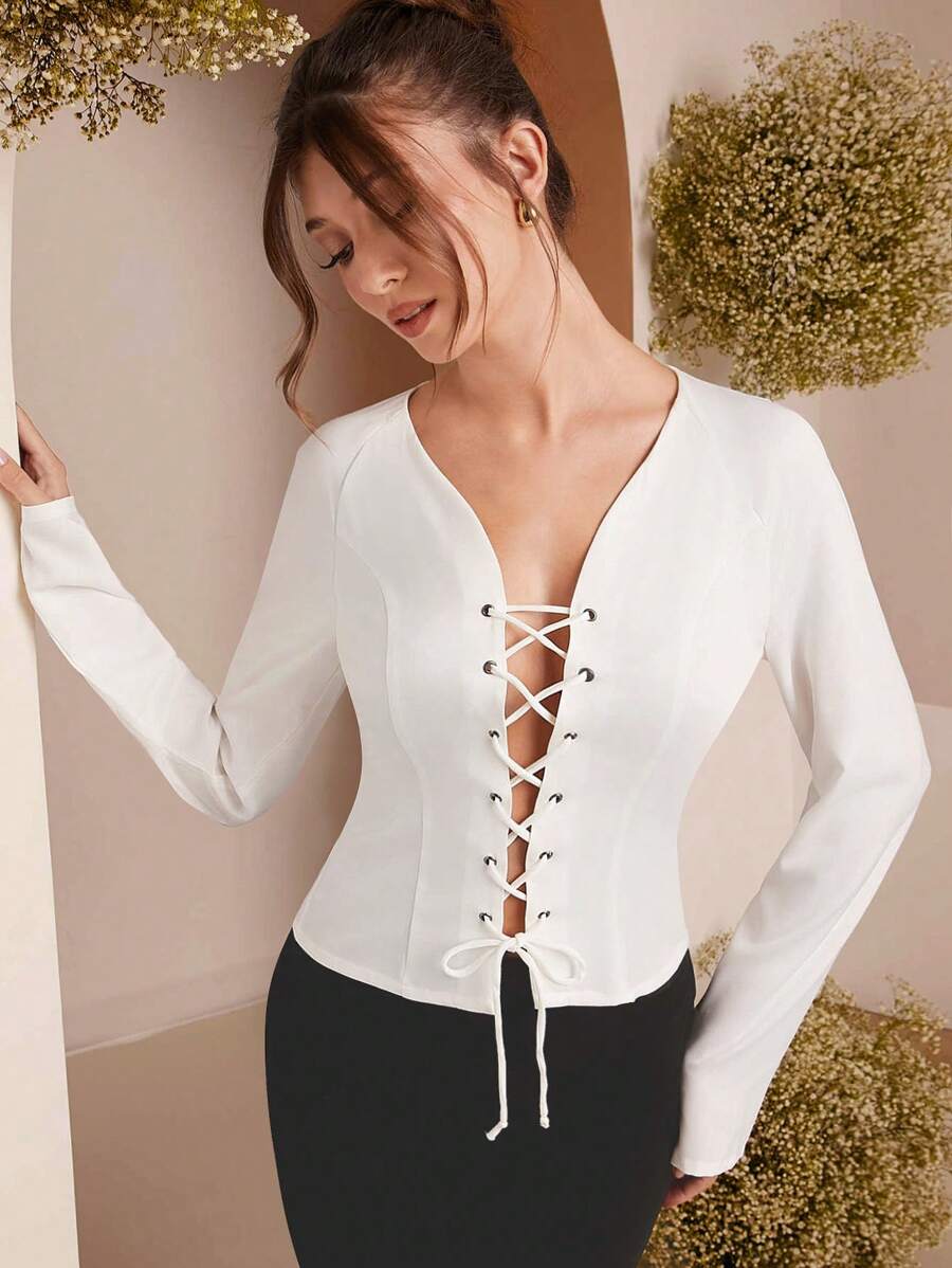 L'Amorae 1pc Women's Solid Color Eyelet Tie Design Inset Long Sleeve Fashion Top, Autumn - White - View 1