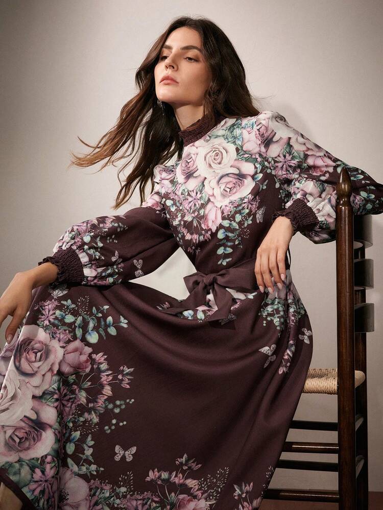 Elegant Floral Print Long Dress For Women, Spring-Autumn Maxi Women Outfit