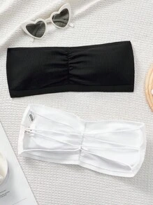 SHEIN Teen Girl Simple Comfortable Ruched Padded Cross Strap Lift Bra Two-Piece Set