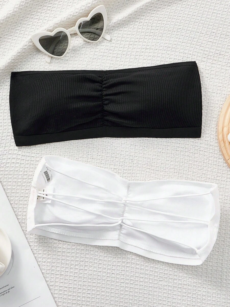 SHEIN Teen Girl Simple Comfortable Ruched Padded Cross Strap Lift Bra Two-Piece Set