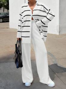 EURMUSE Women Striped Sweater Cardigan And Pant Set - White - View 3