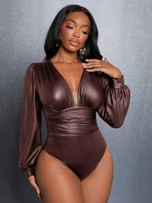 Slaydiva Elegant Deep V-Neck Bubble Sleeve & Waist Pleated Black Pu Coated Bodycon Bodysuit For Women - Coffee Brown - View 4