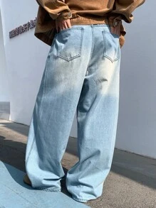 Manfinity Hypemode Men's Light Blue Washed Wide Leg Jeans, Long Oversize Jeans, For Husband, Boyfriend Gifts