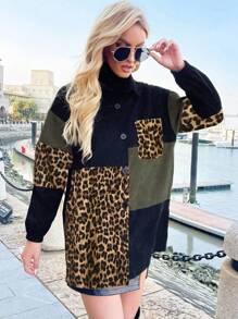 Chiquease Áo thun nữ tay dài cài nút phía trước màu trơn vá tối giản thường ngày - Nhiều màu - Xem 3