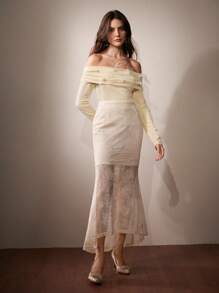 Anewsta Áo sơ mi hở vai màu vàng nhạt, áo cánh bó sát co giãn in họa tiết hoa lông vũ và đá quý - Màu vàng - Xem 7