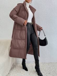 SHEIN Frenchy 纯色连帽系带长款黑色夹棉夹克 - 藕粉色 - 查看 6