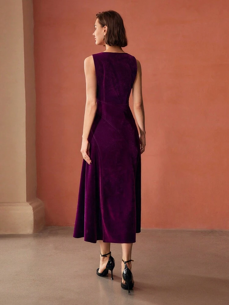 VELVET SOLID V-NECK FLARE HEM LONG DRESS WITHOUT BELT