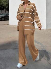 EURMUSE Women Striped Sweater Cardigan And Pant Set - Camel - View 5