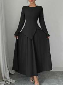 Selianne 女士优雅时尚长袖圆领收腰后背不对称下摆上衣和长裙 2 件套