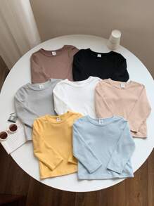SHEIN Conjunto de 7 camisetas de manga larga de punto de unicolor, ideales y versátiles para niños y niñas pequeños en otoño/invierno