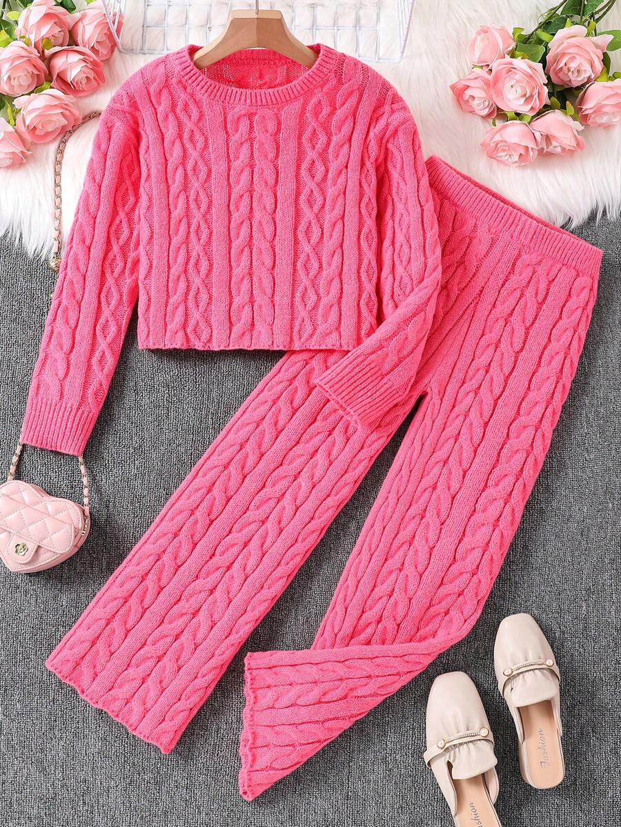 2 件套：Tween Girl 女童鹿绒针织套头衫 + 阔腿毛衣裤，休闲韩版，适合户外，秋冬 - 玫紅色 - 查看 1