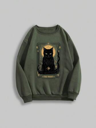 Goth Sudadera casual de cuello redondo estampada con gatos, de uso versátil