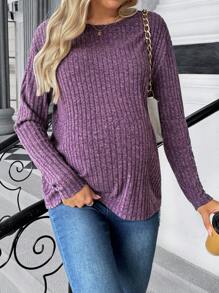 SHEIN Maternity Casual Solid Color Ribbed Knit Long Sleeve T-Shirt, Knit T-Shirt, Autumn