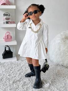 SHEIN Explorewe 女婴休闲日常街头时尚酷女孩图案长袖褶皱连衣裙，适合秋冬季外出、幼儿园，适合宝宝的时尚造型 - 白色 - 查看 1