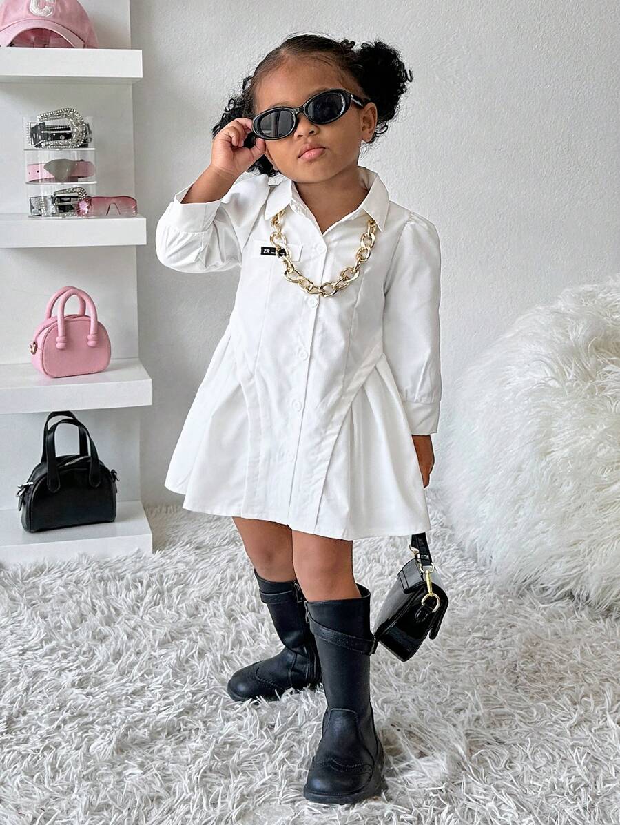 SHEIN Explorewe 女婴休闲日常街头时尚酷女孩图案长袖褶皱连衣裙，适合秋冬季外出、幼儿园，适合宝宝的时尚造型 - 白色 - 查看 1