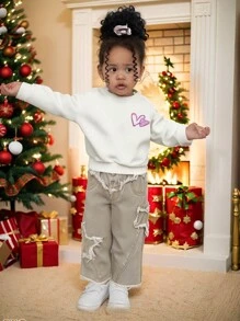 Bebeluși pentru fetițe, verde militar, broderie pentagramă, blugi casual largi, cu picioare largi - Verde Armată - Vizualizare 3