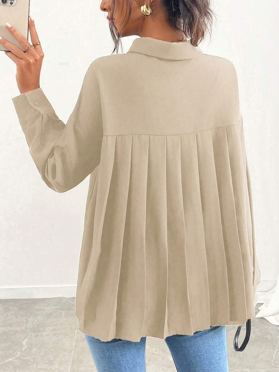 SHEIN Clasi Autumn Casual Minimalist Solid Color Back Pleated Splice Shirt - Khaki - View 1