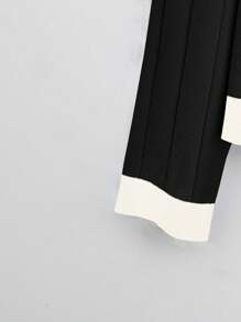 SHEIN LUNE Plus Size Solid Color Patchwork Front Button Placket Long Sleeve Pocket Minimalist Top & Skirt Set, For Winter - Black and White - View 5