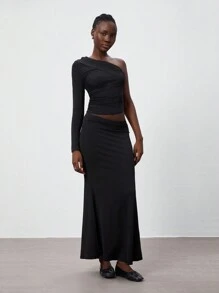 SHEIN Unity 2pcs Women Black Asymmetric Ruched One Shoulder Top & Bodycon Skirt Simple Set, Autumn/Winter Fall Cloth For Women - Black - View 1