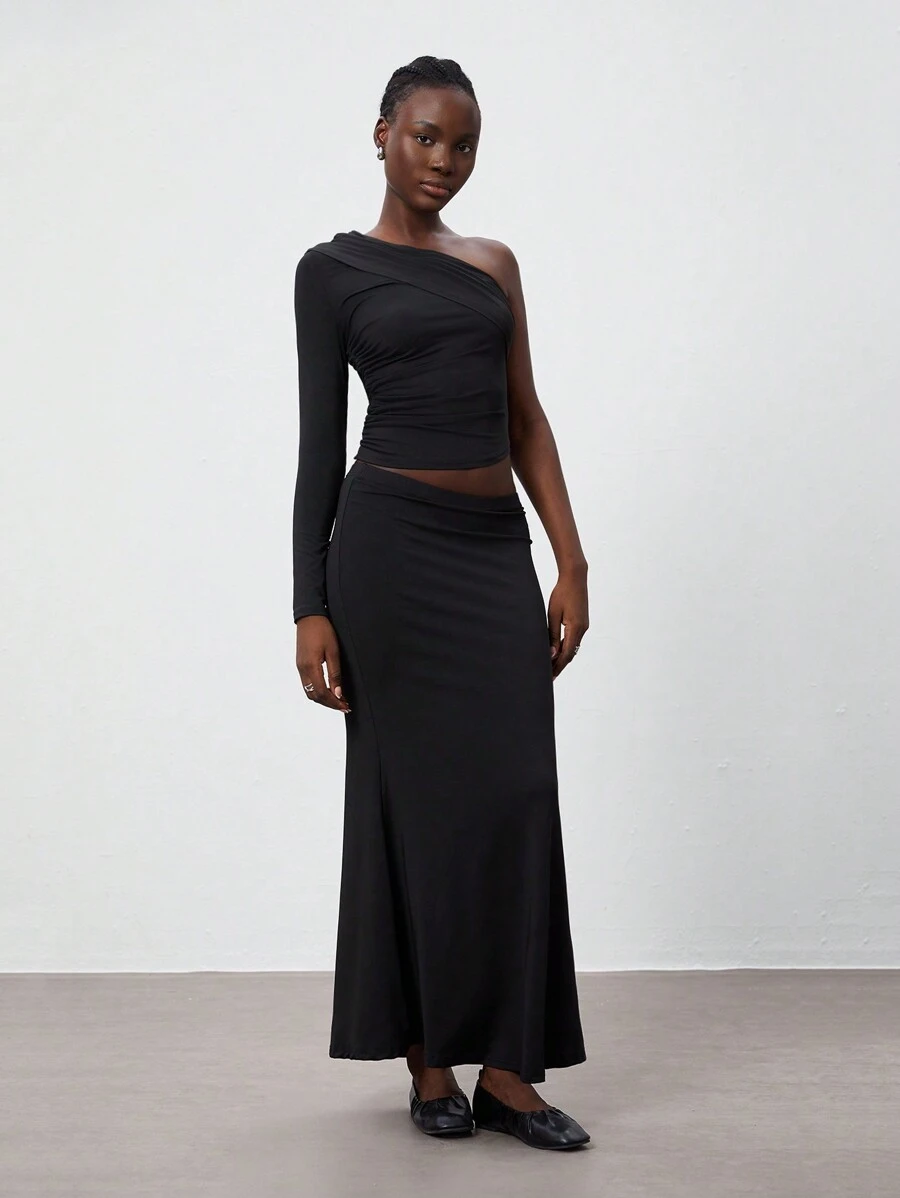 SHEIN Unity 2pcs Women Black Asymmetric Ruched One Shoulder Top & Bodycon Skirt Simple Set, Autumn/Winter Fall Cloth For Women - Black - View 1