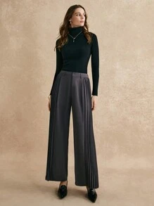 Poéselle Pantalones casuales rectos con pliegues de unicolor para mujeres, uso diario, elegantes y encantadores, ropa de otoño e invierno, adecuados para uso diario, calle, ir a trabajar, citas y otras ocasiones - Gris - Ver 5
