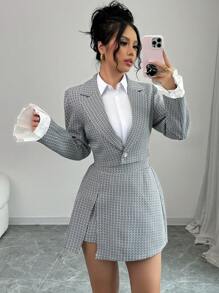 Selianne 2 件套女士高腰 A 字形下摆裙子和短夹克，春/秋 - 黑與白 - 查看 3