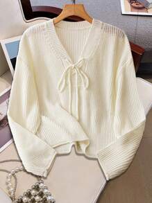 SHEIN LUNE 1 件女式纯色前系带长袖简约毛衣，休闲日常穿着 - 白色 - 查看 1