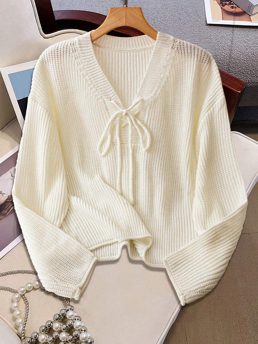 SHEIN LUNE 1 件女式纯色前系带长袖简约毛衣，休闲日常穿着 - 白色 - 查看 1